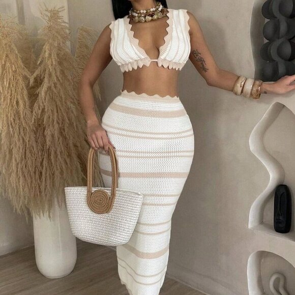 Khaki Elegant Women's Ruffled Crochet Fishtail Maxi Skirt - Picture 1 of 7